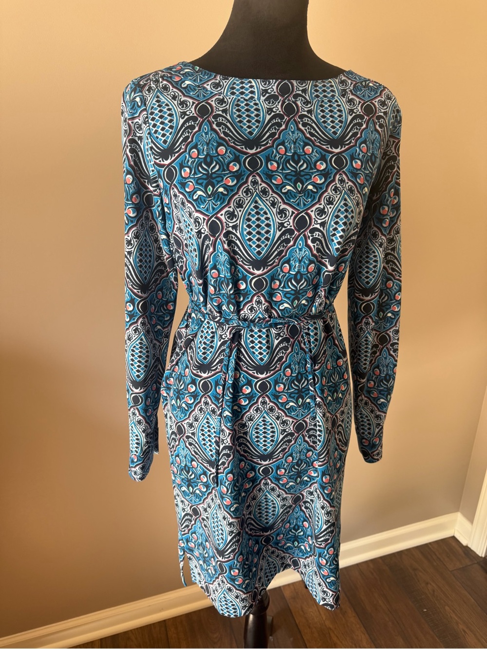 LOFT Blue & Pink Patterned Long Sleeve Belted Dress XS